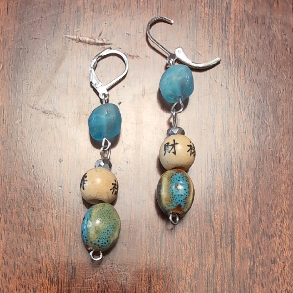 Elegant Blue and Beige Beaded Earrings